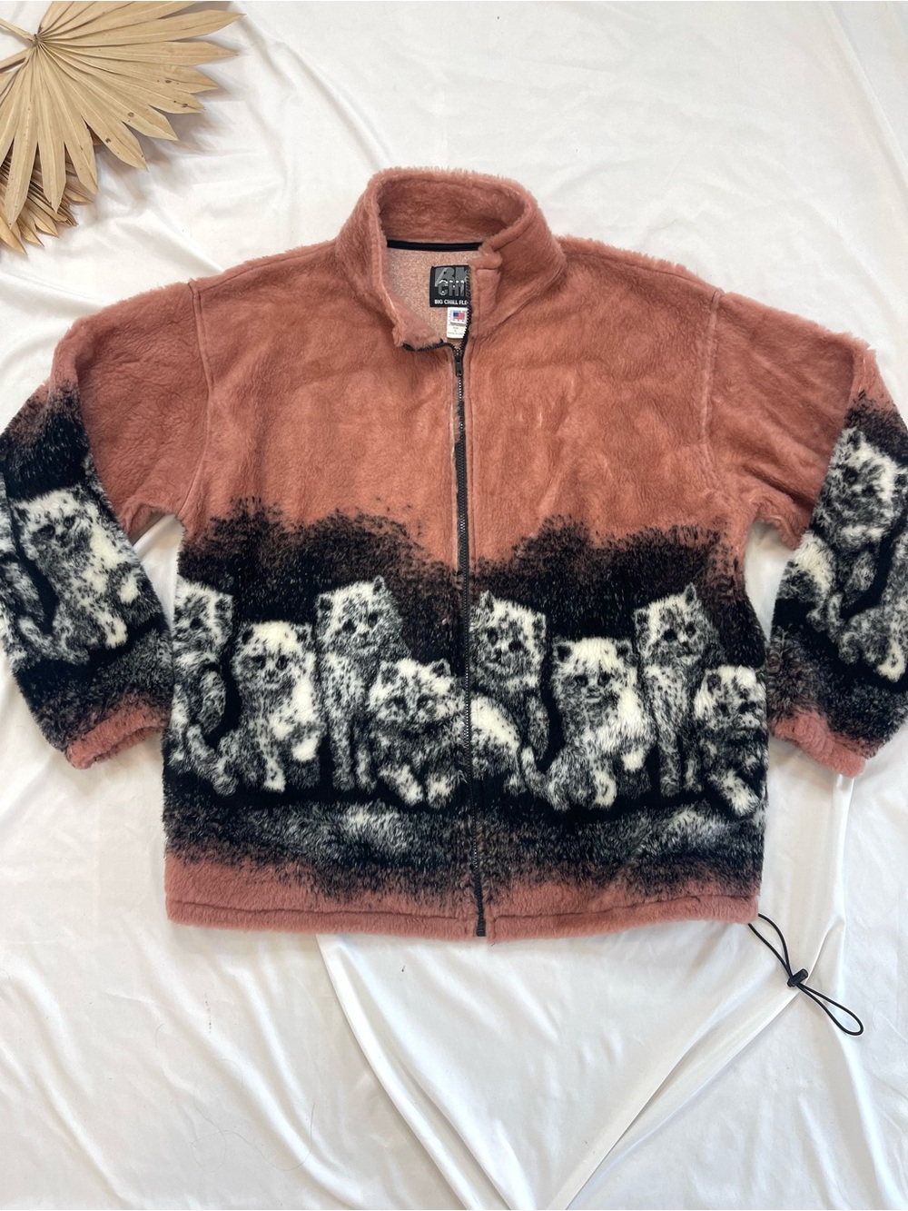 Vintage Big Chill Fleece Cats Kittens Pink Black Fuzzy Full Zip Jacket Coat XL